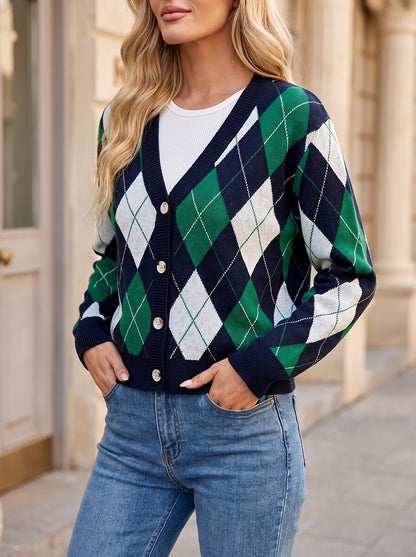 Women's Diamond Argyle Cardigan Ribbed Trim