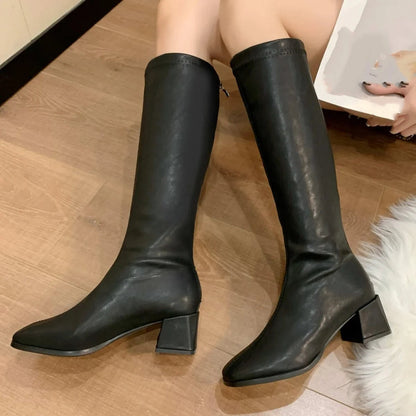 Women's Back Zip Long Block Heel Boots