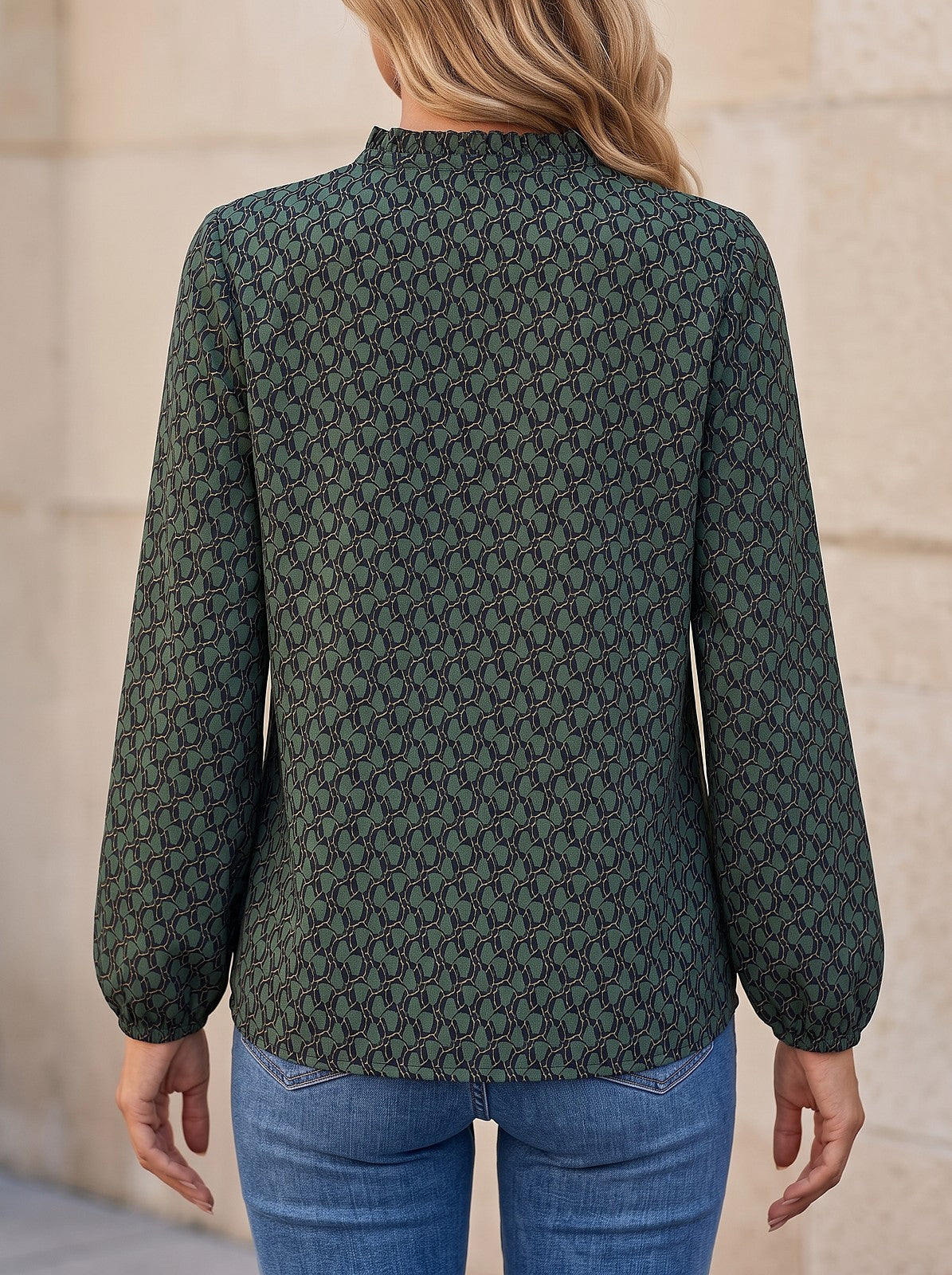 Women's Ruffle Neck Printed Puff Blouse