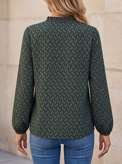 Women's Ruffle Neck Printed Puff Blouse