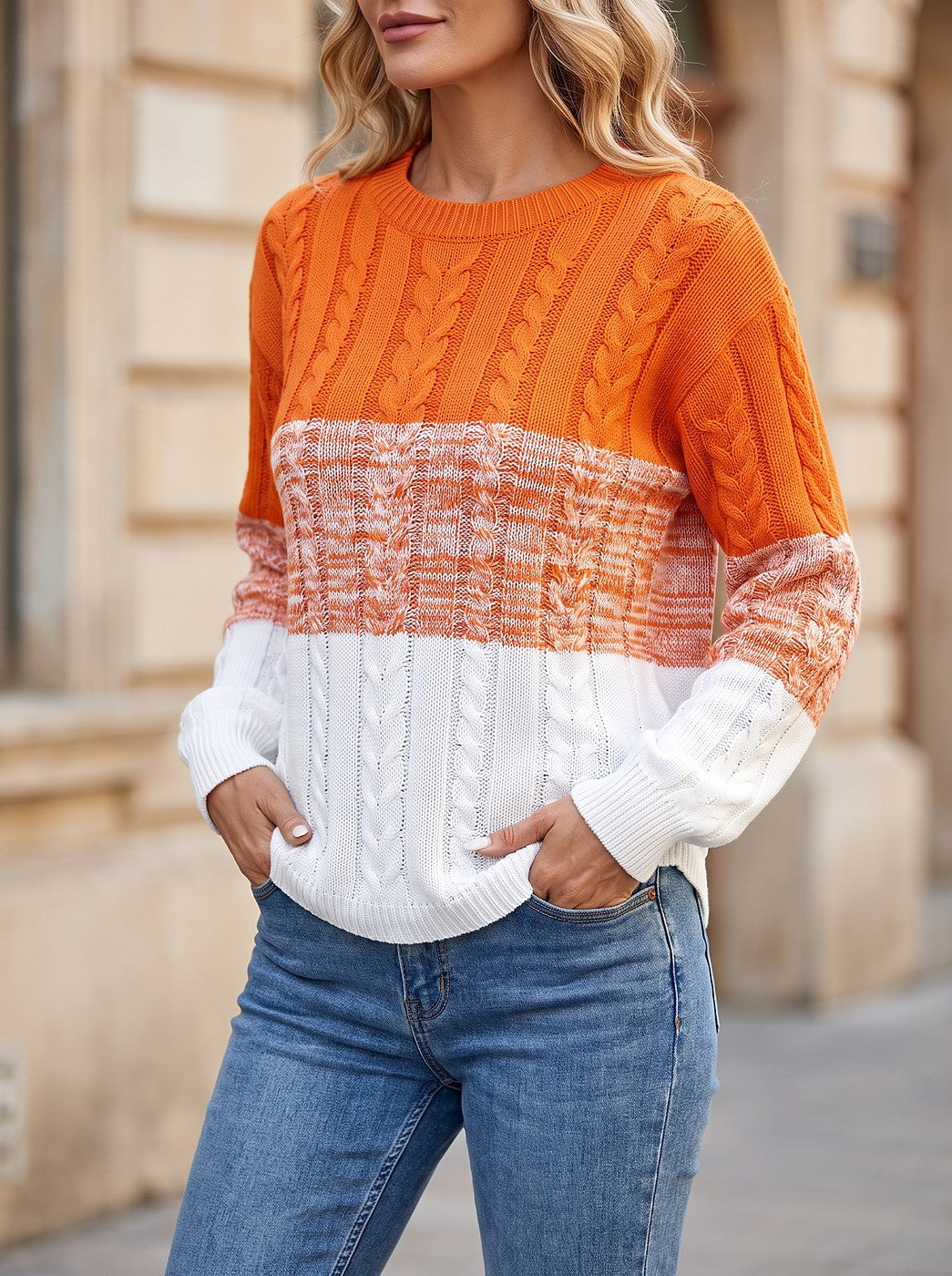 Women's Colour Block Cable Knit Jumper