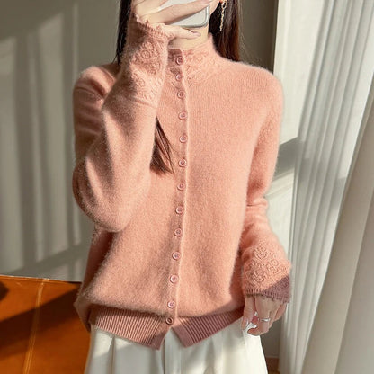 Women's Fluffy High Neck Cardigan