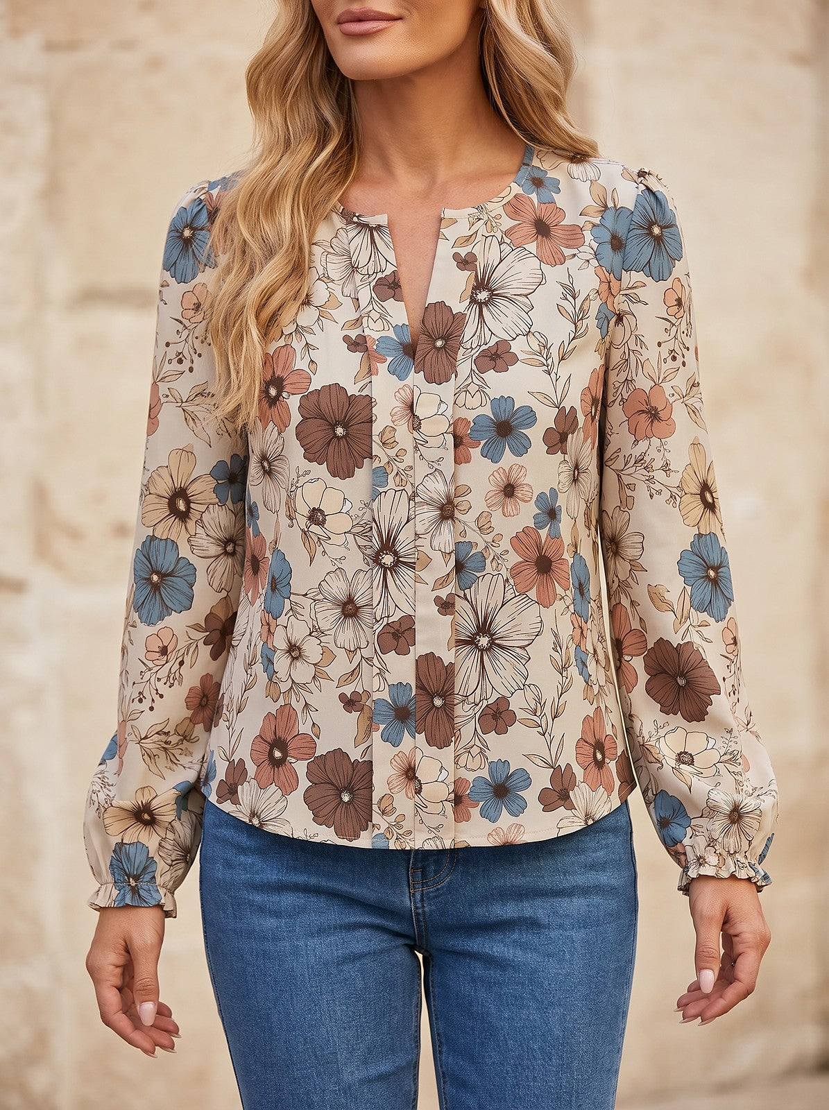 Women's Floral Print Pleated Long Sleeve Top
