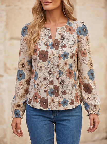 Women's Floral Print Pleated Long Sleeve Top