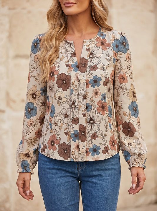 Women's Floral Print Pleated Long Sleeve Top