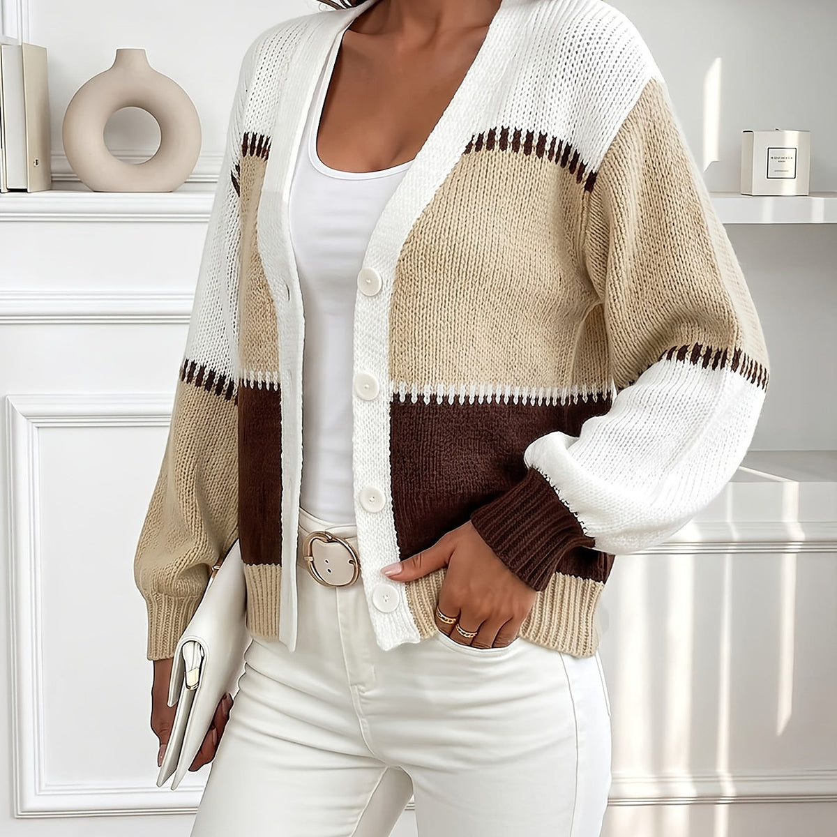Women's Chunky Rib Puff Sleeve Cardigan