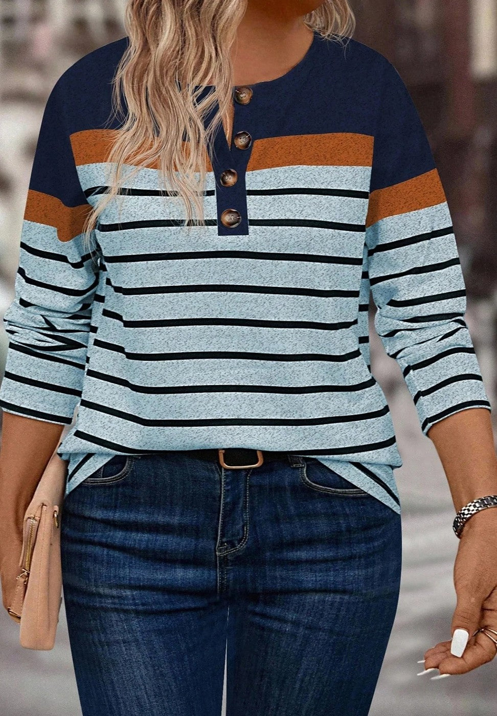 Women's Striped Henley Long Sleeve Top