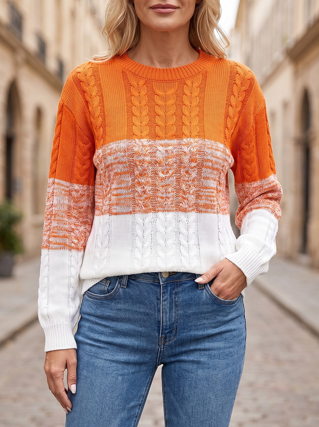 Women's Colour Block Cable Knit Jumper