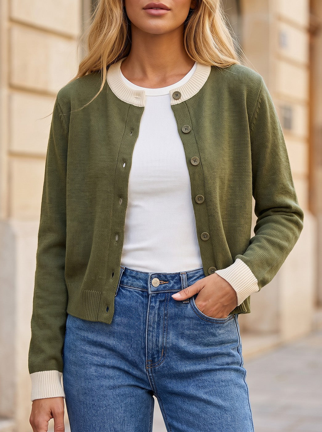 Women's Cropped Ribbed Trim Knit Cardigan