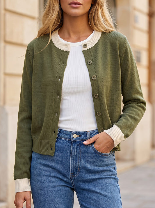 Women's Cropped Ribbed Trim Knit Cardigan