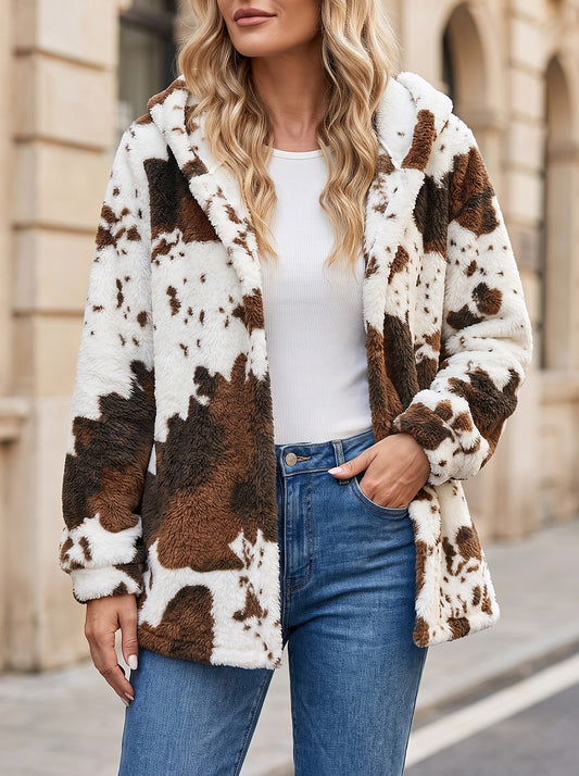 Women's Animal Print Fleece Hooded Coat