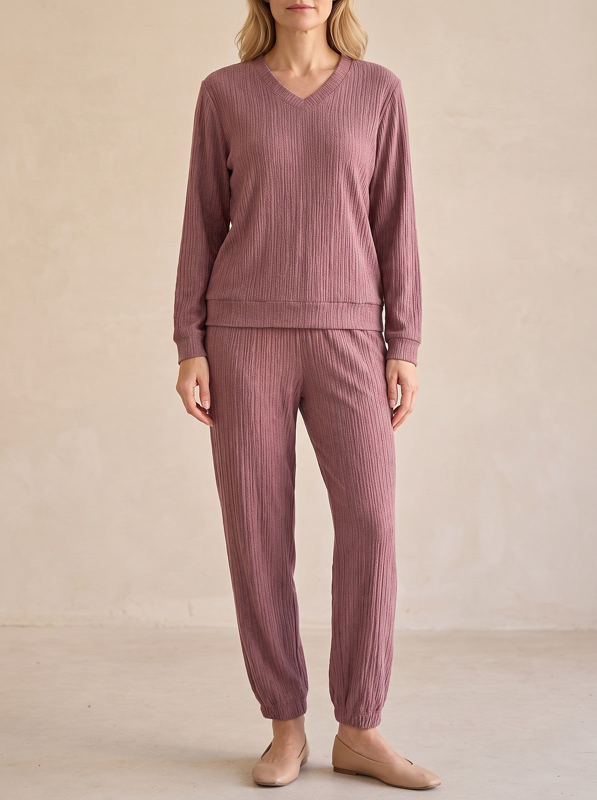 Women's Ribbed Lounge Set V Neck Joggers