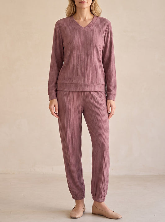 Women's Ribbed Lounge Set V Neck Joggers