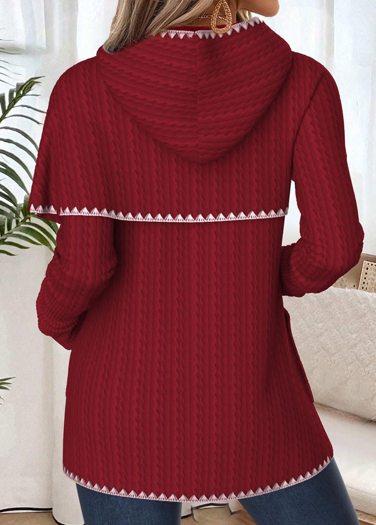 Ladies Crossover Hem Ribbed Knit Hoodie