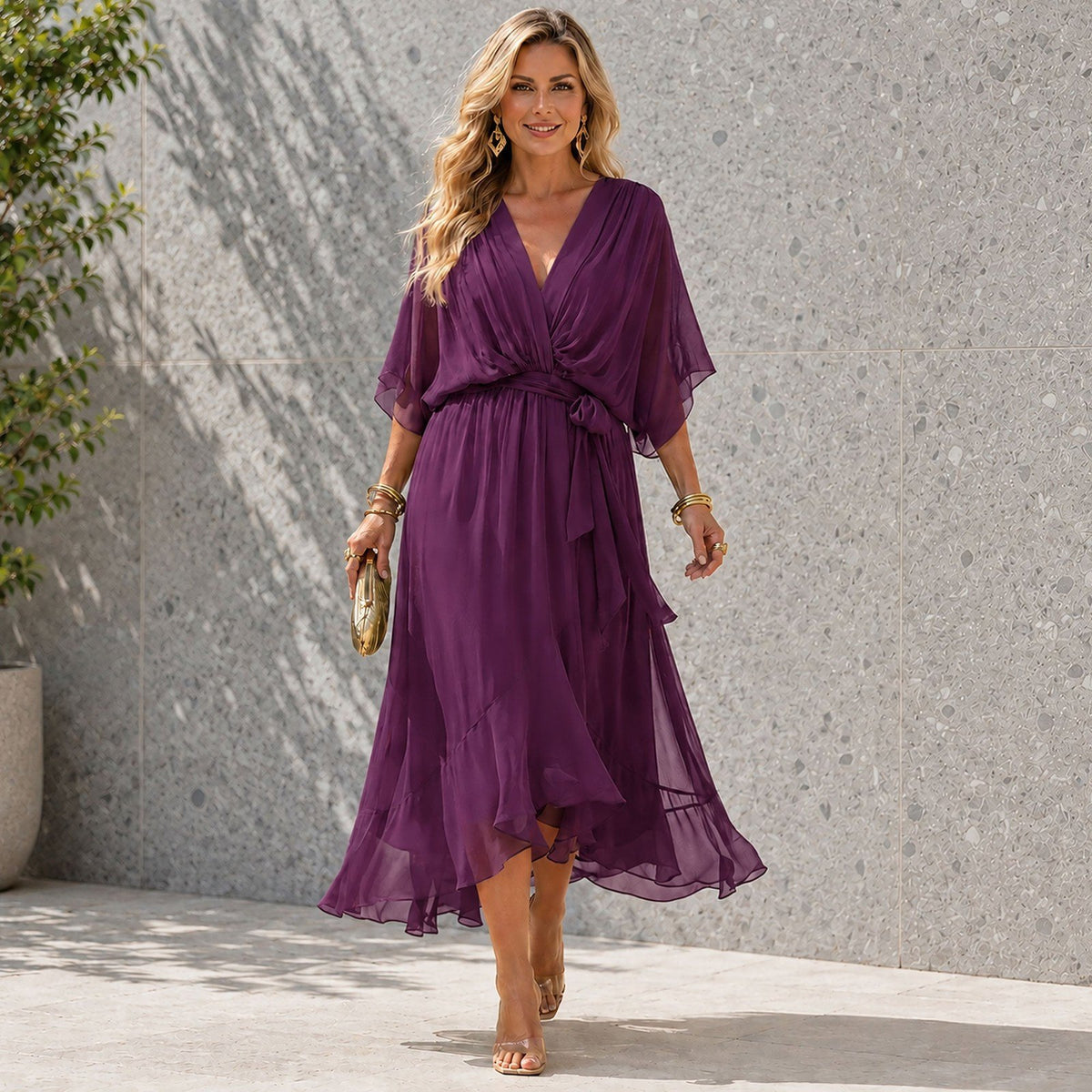 Women's V Neck Layered Wedding Guest Dress
