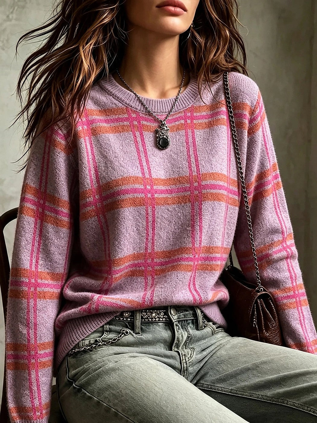 Women's Autumn Check Brushed Knit Jumper