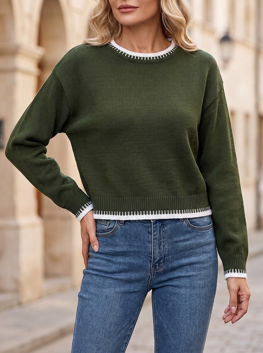 Women's Contrast Edge Trim Crew Neck Jumper