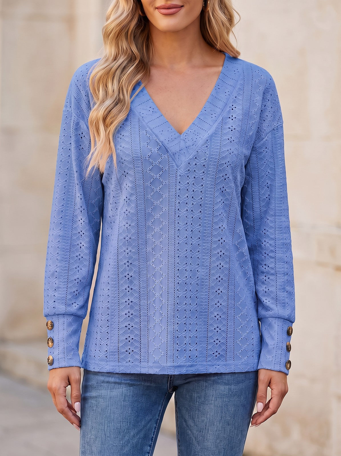 Women's Eyelet V Neck Button Blouse