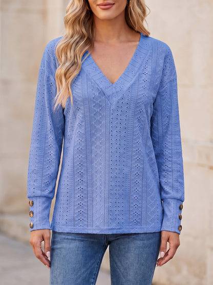 Women's Eyelet V Neck Button Blouse