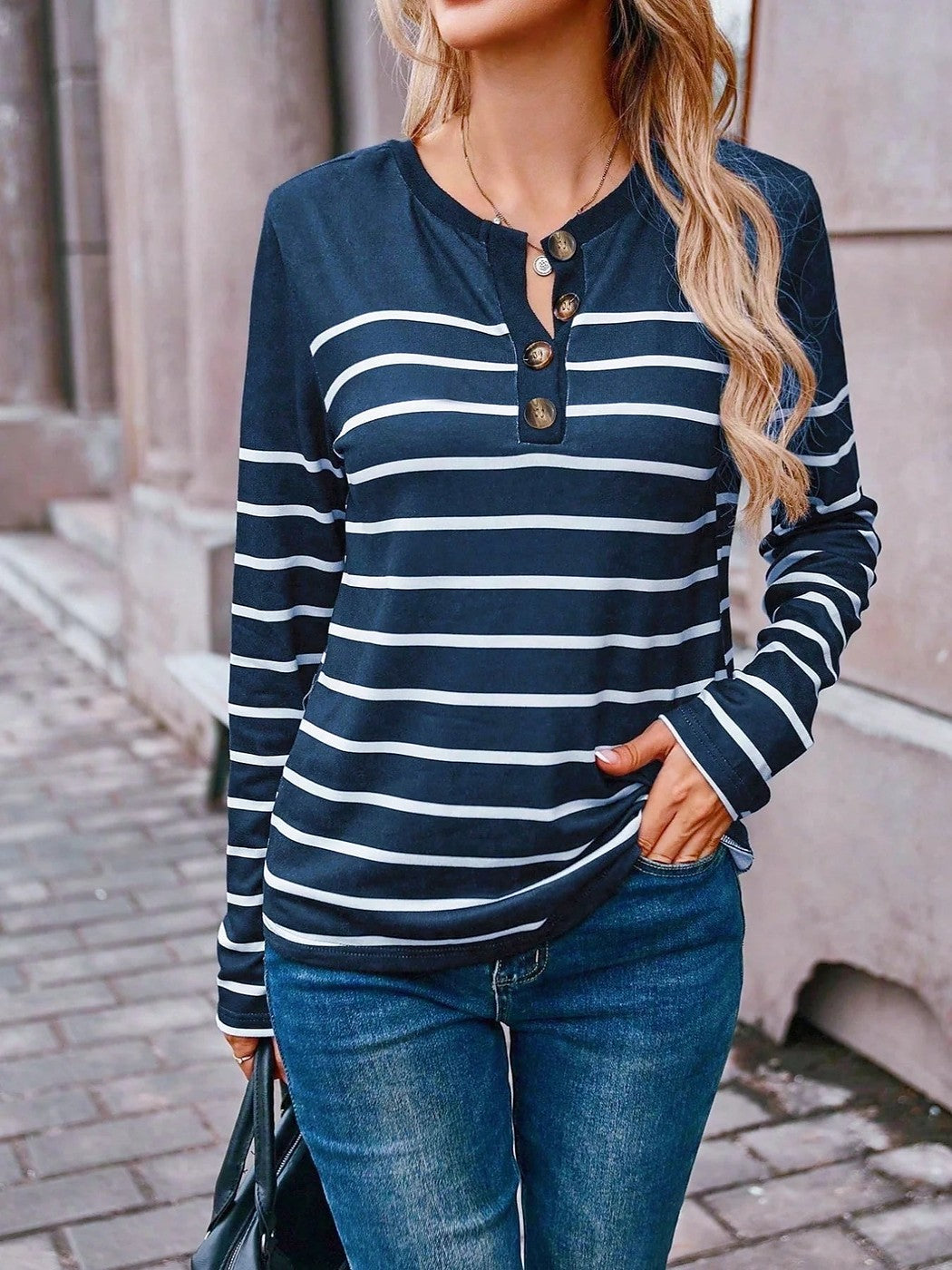 Women's Striped Henley Long Sleeve Top