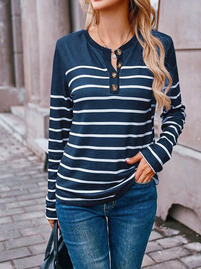 Women's Striped Henley Long Sleeve Top