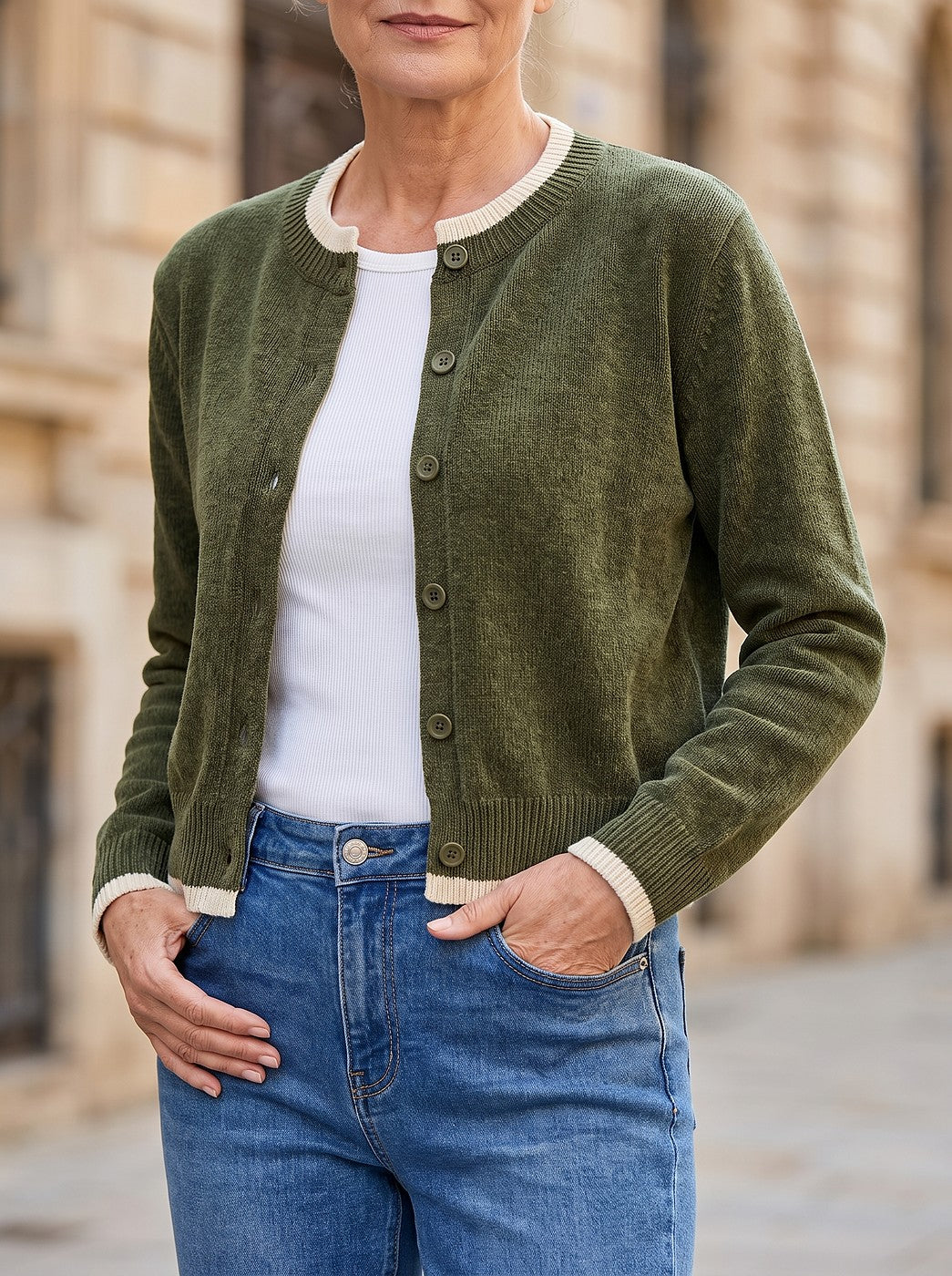 Women's Cropped Ribbed Trim Knit Cardigan