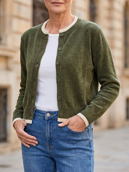Women's Cropped Ribbed Trim Knit Cardigan