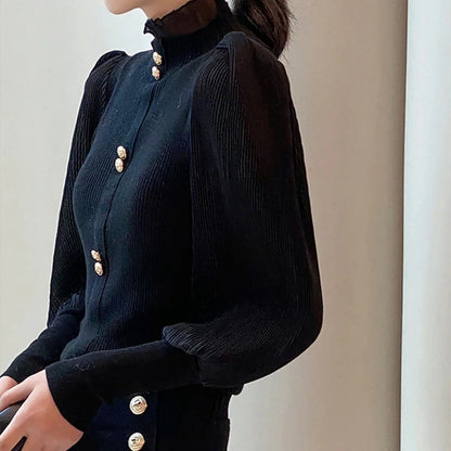 Women's High Neck Pleated Sleeve Blouse