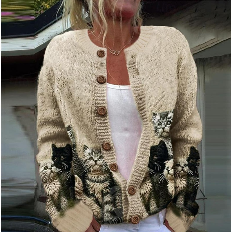 Women's Cat Print Button Cardigan