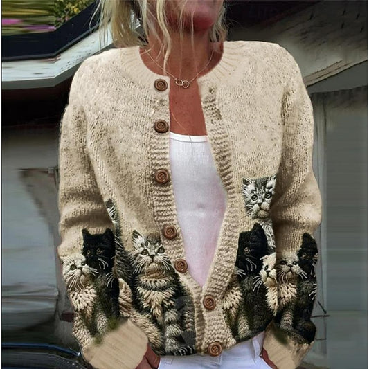 Women's Cat Print Button Cardigan