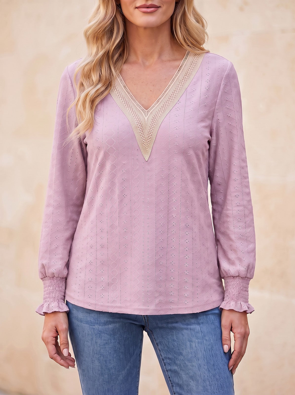 Women's Eyelet Ruffle Long Sleeve Blouse