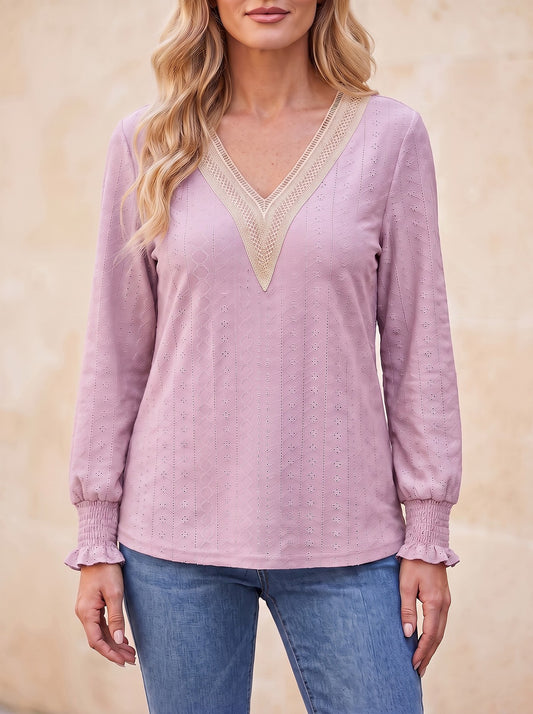 Women's Eyelet Ruffle Long Sleeve Blouse