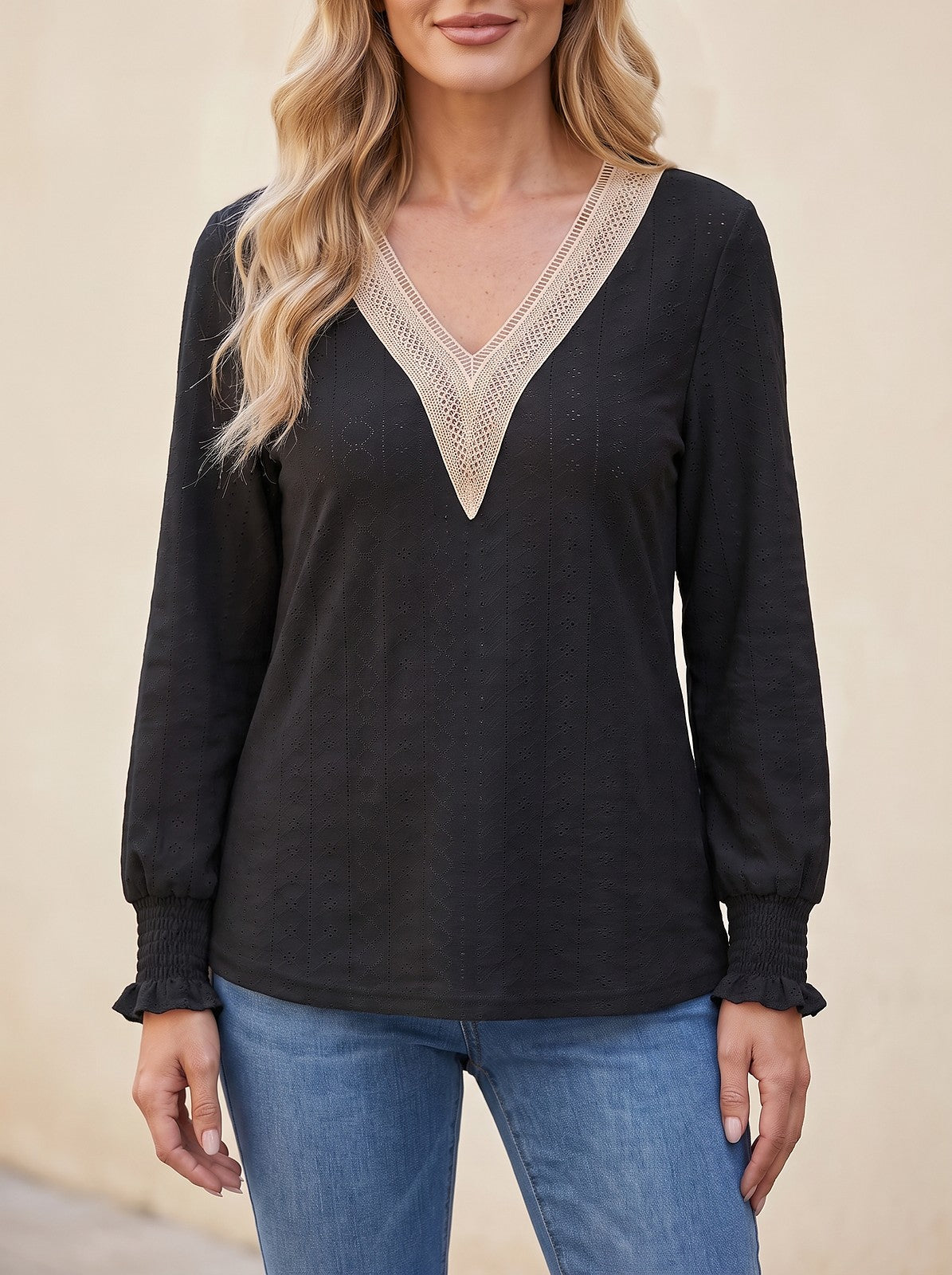 Women's Eyelet Ruffle Long Sleeve Blouse