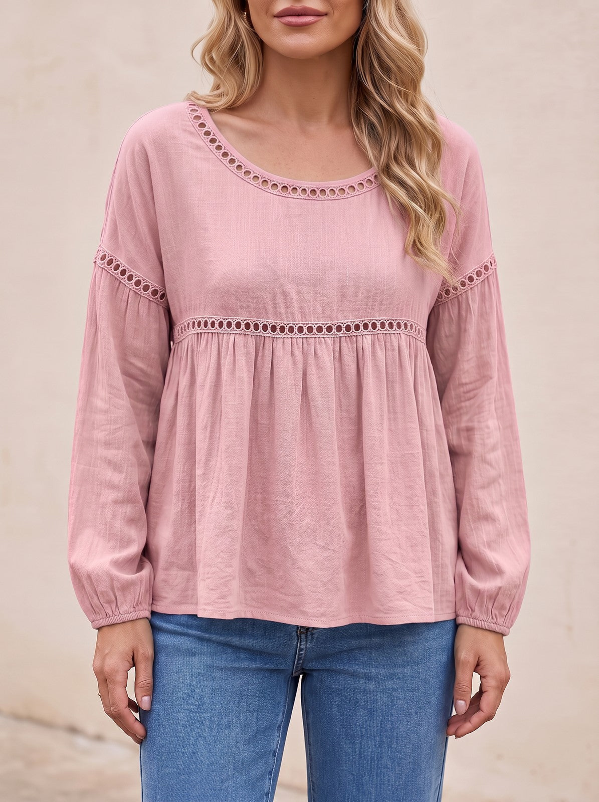 Women's Loose Hollow Lace Long Sleeve Top