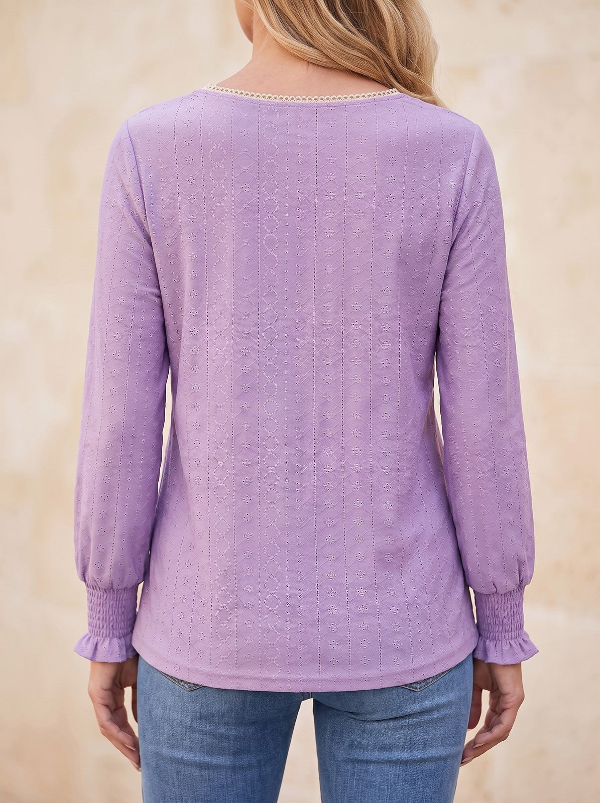Women's Eyelet Ruffle Long Sleeve Blouse