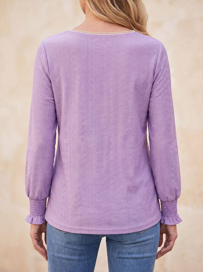 Women's Eyelet Ruffle Long Sleeve Blouse