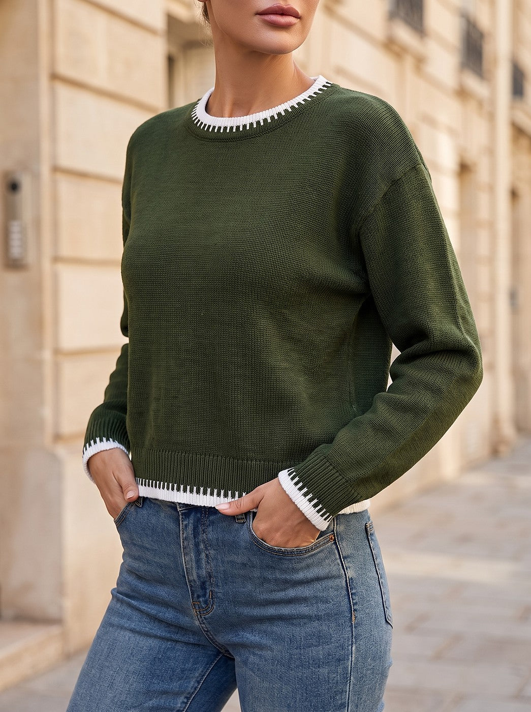 Women's Contrast Edge Trim Crew Neck Jumper