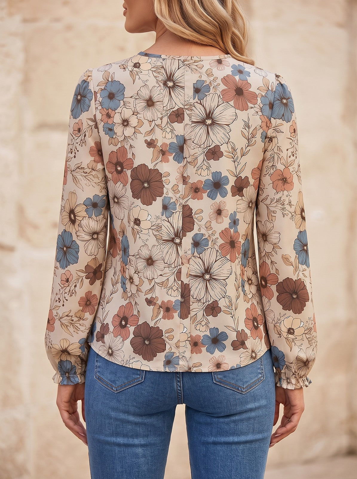 Women's Floral Print Pleated Long Sleeve Top