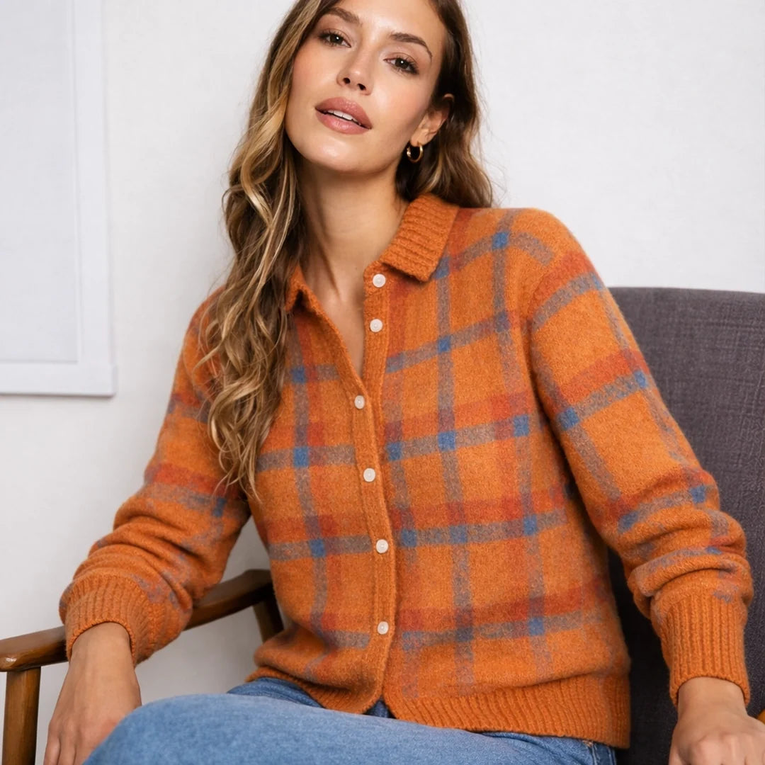 Women's Checked Knitted Shirt Cardigan
