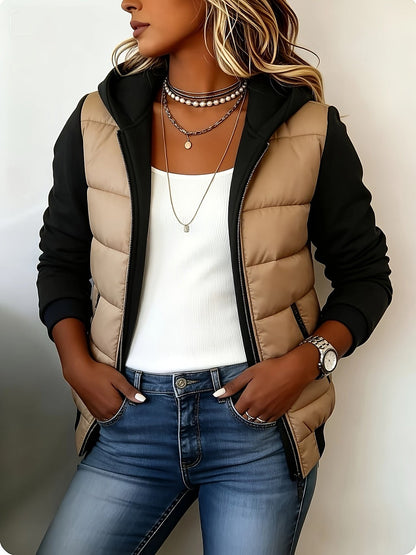 Women's Padded Hooded Jacket with Knit Sleeves