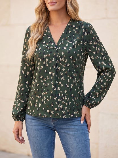 Women's Printed V Neck Pleated Top