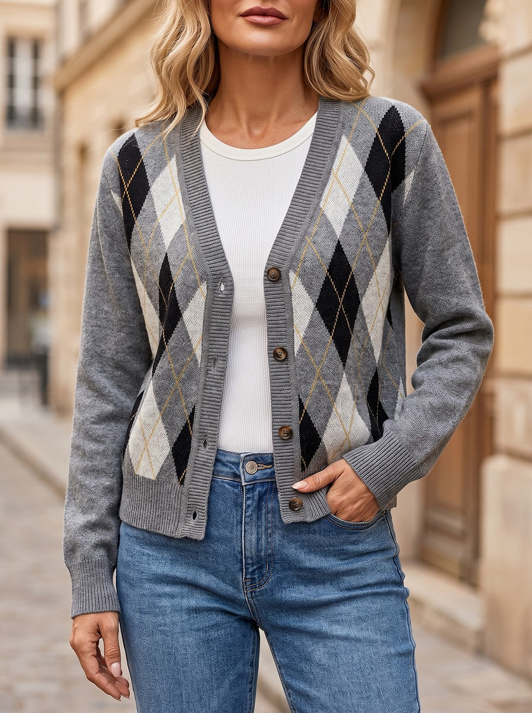 Women's Diamond Argyle Cardigan Ribbed Trim