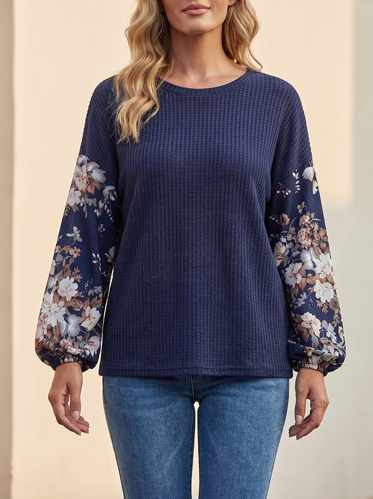 Women's Waffle Top with Floral Puff Sleeves