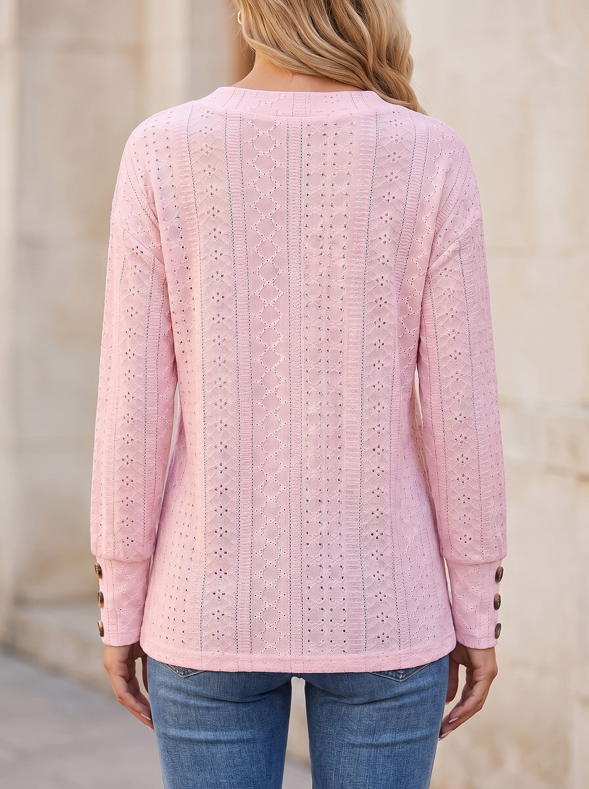 Women's Eyelet V Neck Button Blouse