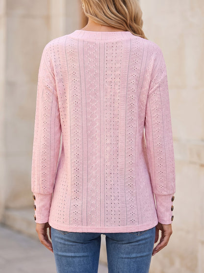 Women's Eyelet V Neck Button Blouse