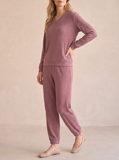 Women's Ribbed Lounge Set V Neck Joggers