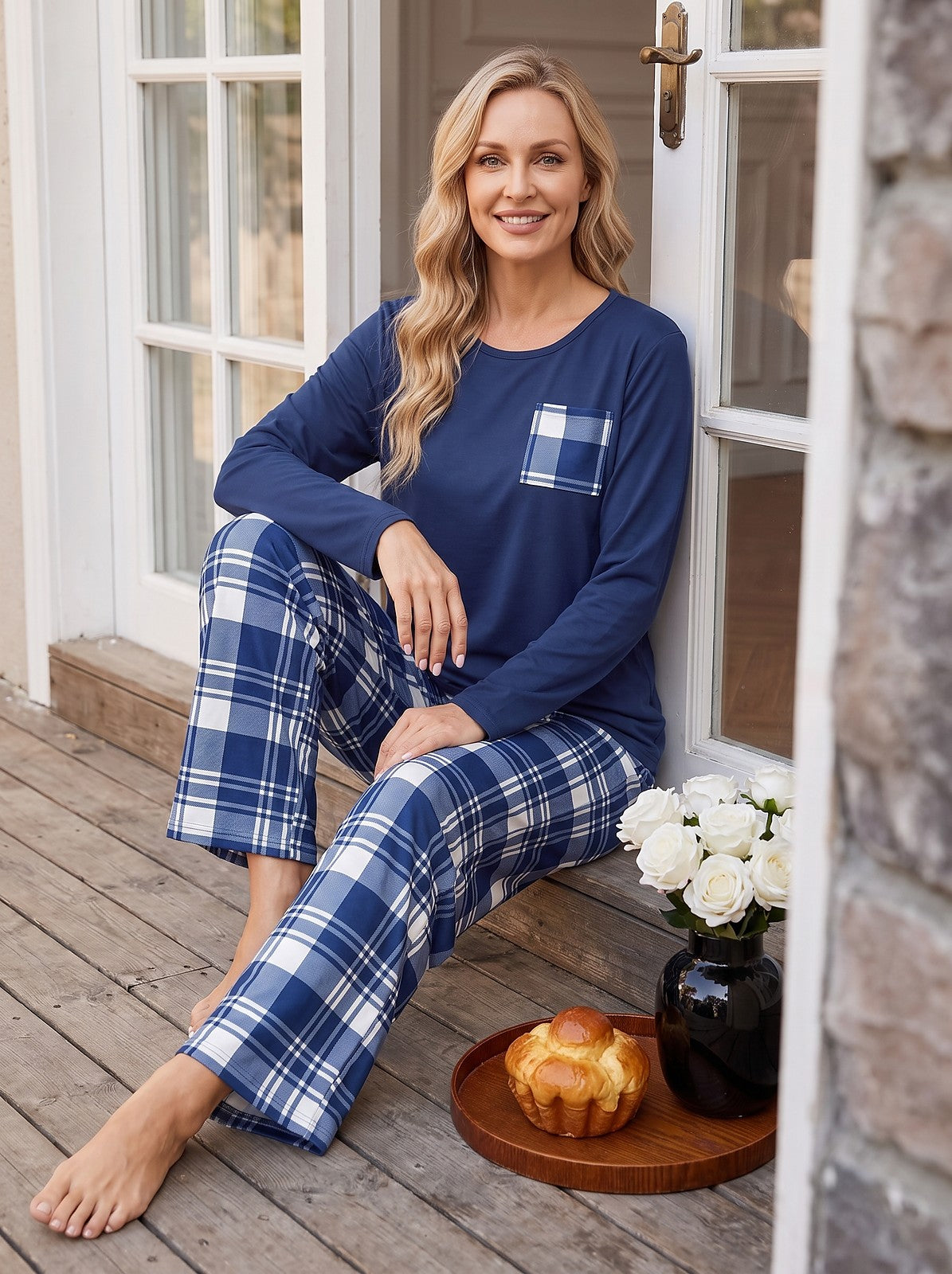 Women's Check Pyjama Set Wide Leg Trousers