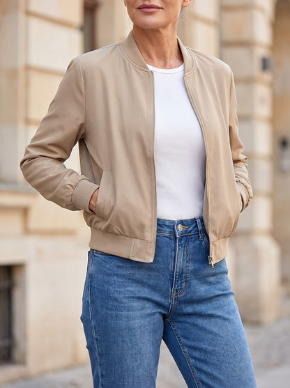 Women's Ribbed Trim Cropped Bomber Jacket