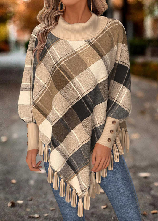 Ladies Winter Check Fringed Poncho Wrap
