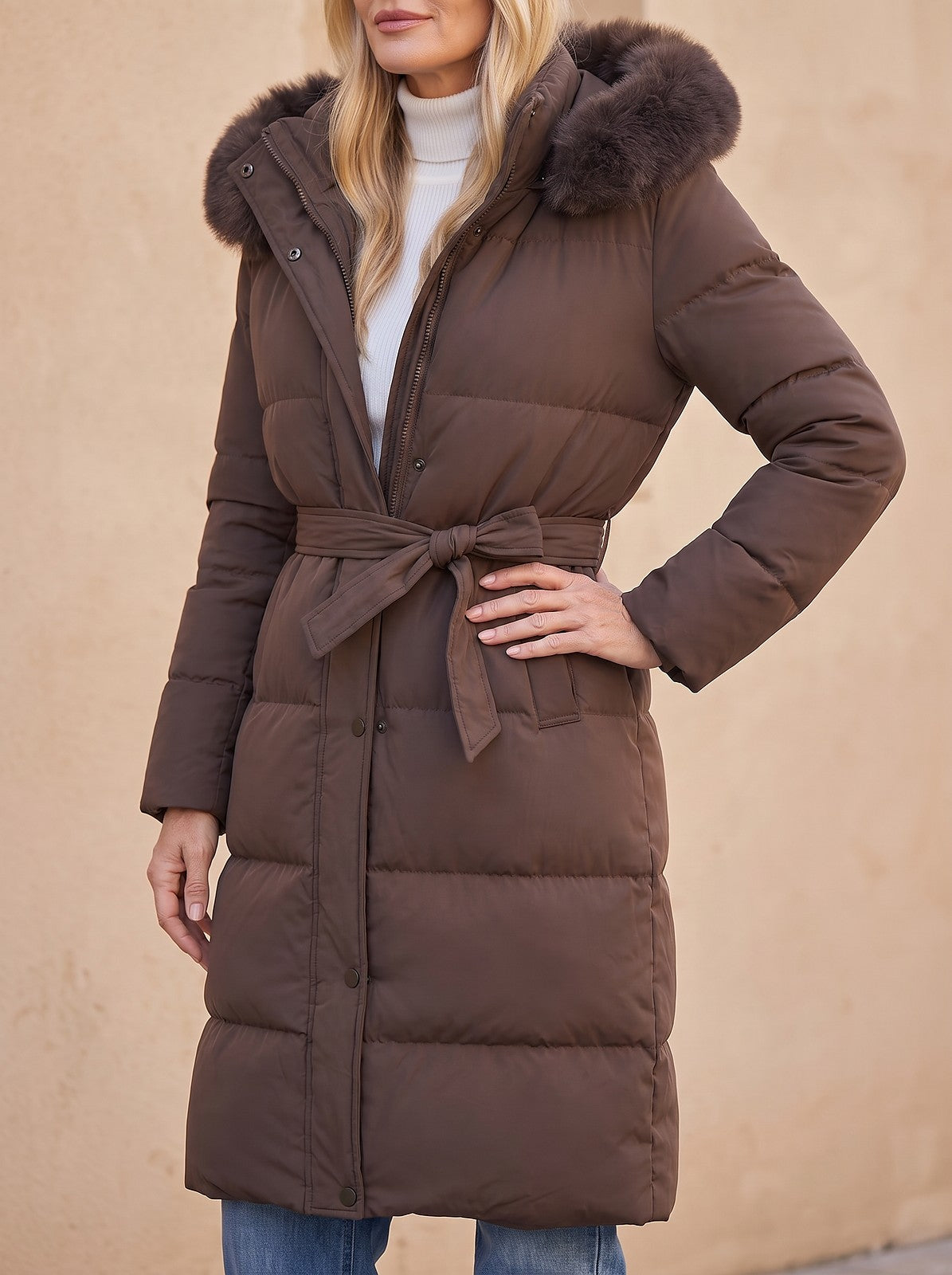Women's Belted Faux Fur Hood Puffer Coat